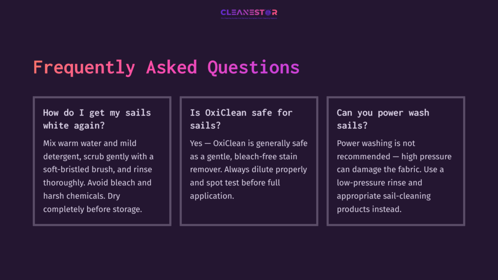 11 Frequently Asked Questions 5 Three Text Boxes On A Dark Purple Background, Detailing Faqs About Sail Cleaning, Featuring White And Pink Text With Icons For Clarity.