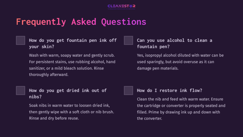 11 Frequently Asked Questions 6 Text-Based Faq Layout With Two Questions About Cleaning Fountain Pens, Using A Purple And White Color Scheme. Plain Background With Clear Checkbox Style.