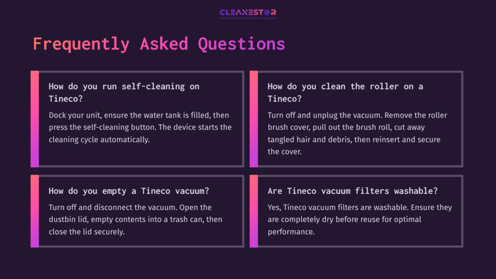 Four Quadrants With A Dark Background, Featuring White And Pink Text On Frequently Asked Questions About Cleaning Tineco Vacuums.