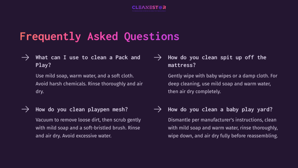 Text-Based Faq Section With Headings And Questions About Cleaning A Pack And Play, Featuring A Purple Gradient Background.