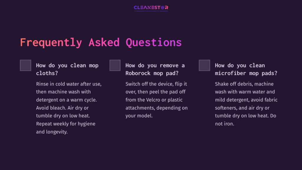 Text On A Dark Purple Background With White Boxes For Faqs About Cleaning Roborock Mop Cloths, Showing Three Questions In Organized Layout.