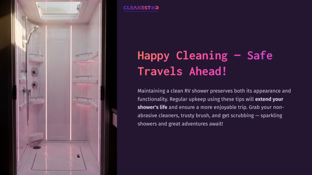 A Clean, Bright Rv Shower With A Pink Glow, Featuring Shelves And A Modern Design, Accompanied By Cleaning Tips In Bold Text On A Dark Background.