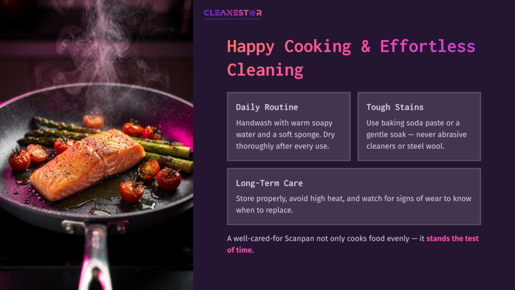 A Black Frying Pan With Salmon, Asparagus, And Cherry Tomatoes, Surrounded By Dark Colors And Vibrant Cooking Tips In Text.