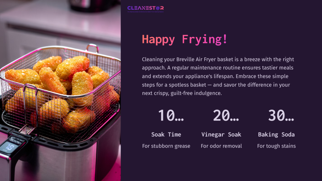 Golden-Brown Fried Foods In A Metal Basket Of A Breville Air Fryer, With Text Highlighting Cleaning Tips And Times For Various Methods.