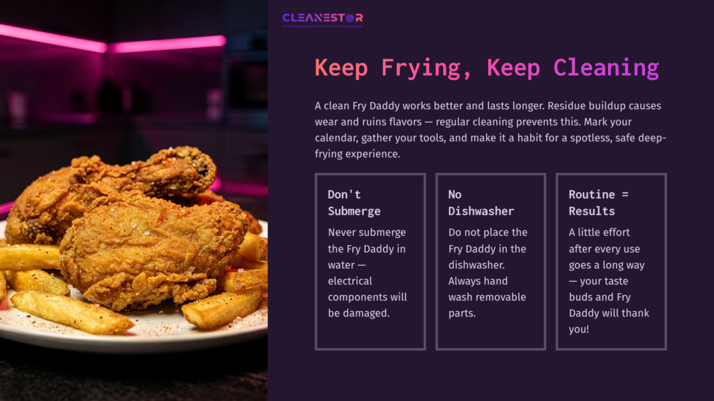 A Close-Up Of Fried Chicken On A Plate With A Vibrant Purple Background And Text Highlighting Cleaning Tips For A Fry Daddy.