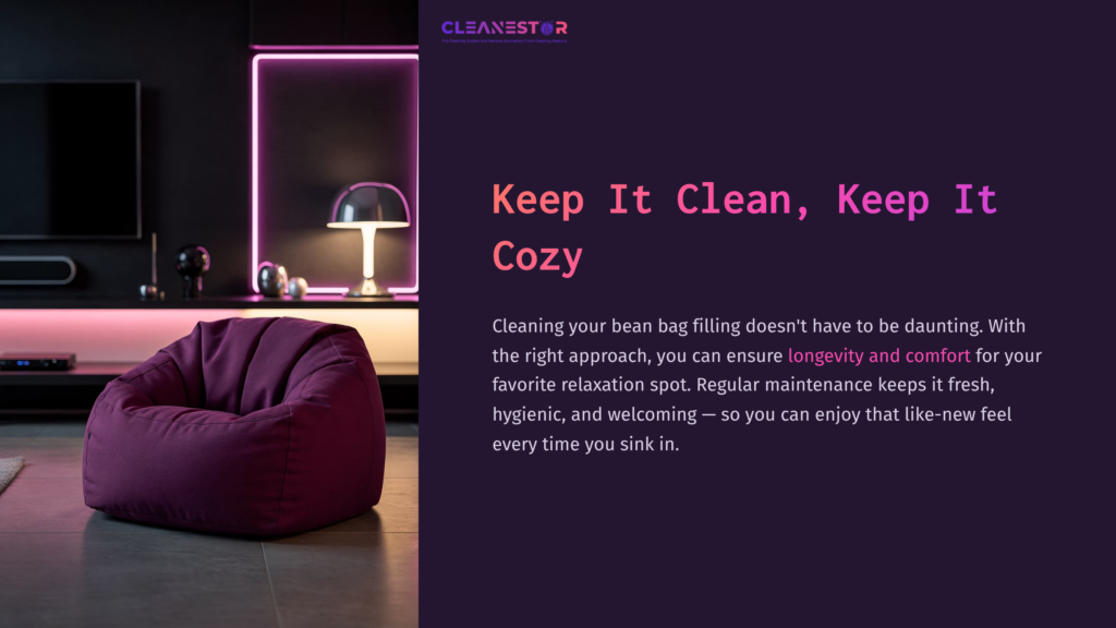 A Cozy Purple Bean Bag Sits In A Room With Dim Lighting And Neon Pink Accents, Emphasizing A Relaxing Atmosphere.