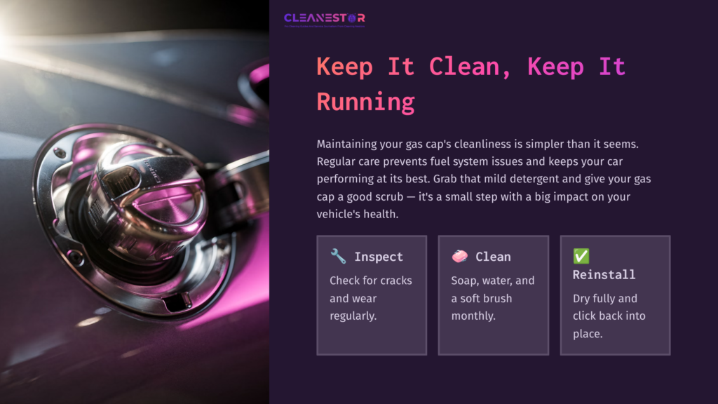 11 Keep It Clean Keep It Running Close-Up Of A Gas Cap With A Shiny Metallic Finish, Featuring Text Tips On Maintaining Gas Cap Cleanliness And Functionality.