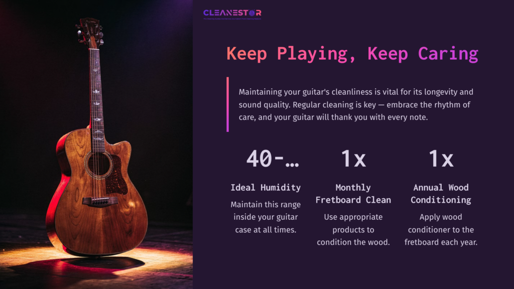 Acoustic Guitar Stands On A Dark Background, Accompanied By Tips On Maintenance. Text Highlights Humidity, Cleaning, And Conditioning.