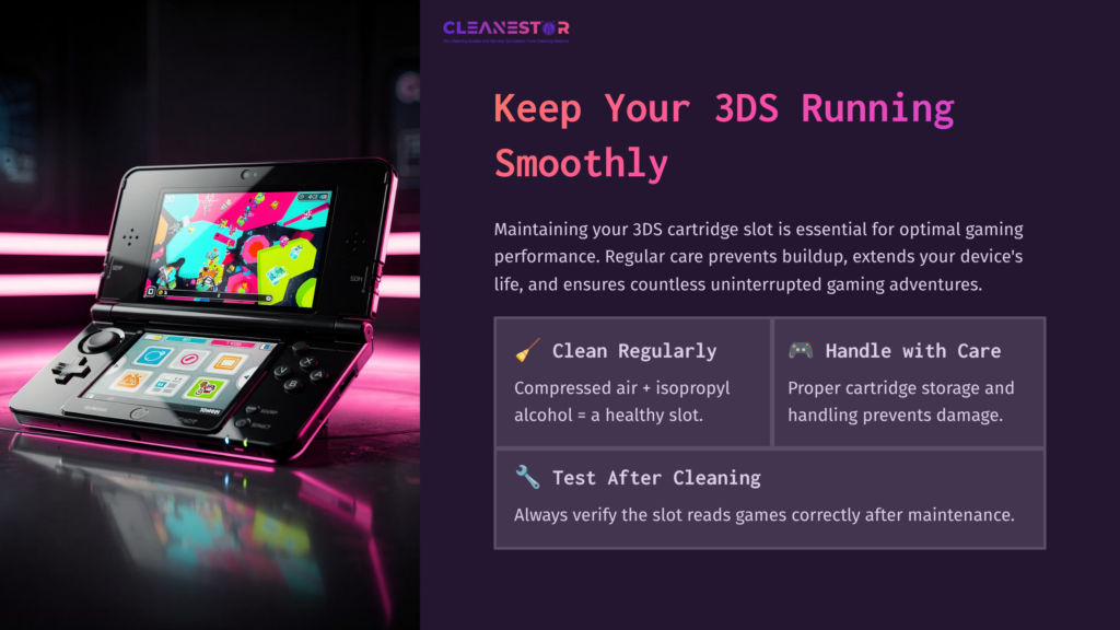 Close-Up Of A 3Ds Console In A Vibrant Setting, Showcasing Its Screen And Buttons, With Cleaning Tips Outlined In Bold Text Beside It.