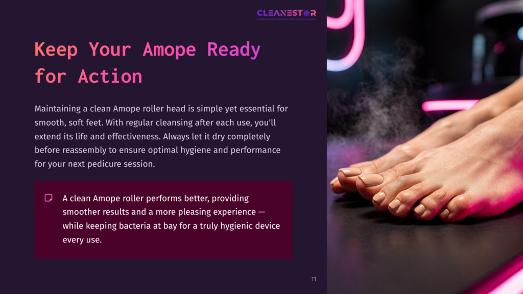 Close-Up Of Feet With Polished Nails Beside A Pink-Lit Ambiance. Text Highlights The Importance Of Cleaning An Amope Roller For Hygiene And Performance.