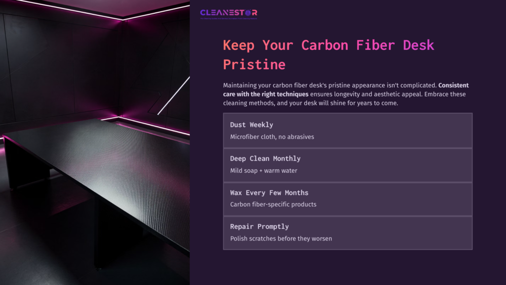 Carbon Fiber Desk With A Sleek, Dark Surface And Pink Ambient Lighting; Cleaning Tips Listed In Bold Text On The Right.