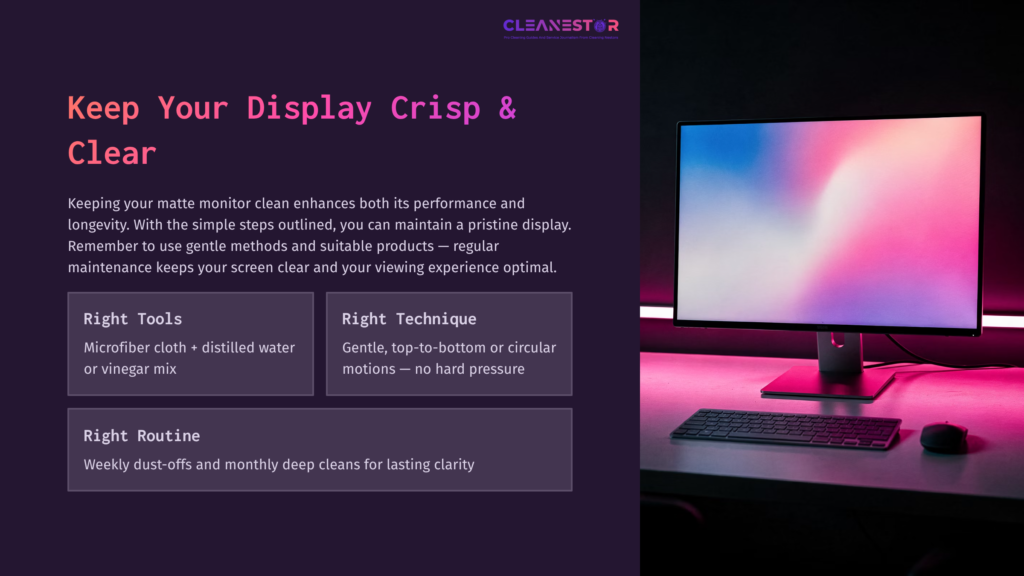 A Matte Monitor On A Desk Illuminated By Pink And Blue Lighting, Accompanied By Text Outlining Cleaning Tips And Techniques.