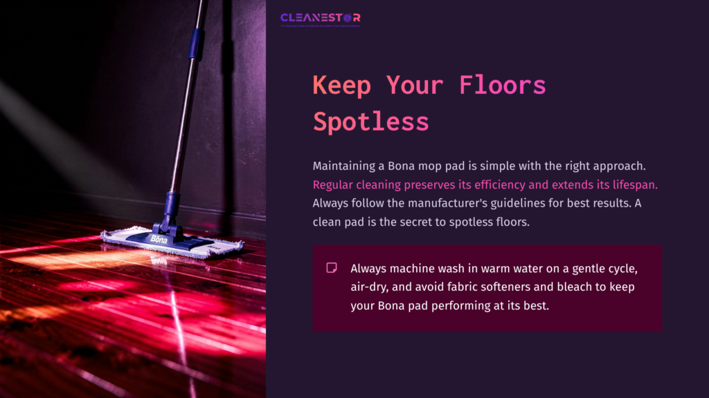 11 Keep Your Floors Spotless Bona Mop Pad On A Polished Wooden Floor With A Purple Background; Text Highlights Cleaning Tips For Maintaining Efficiency.