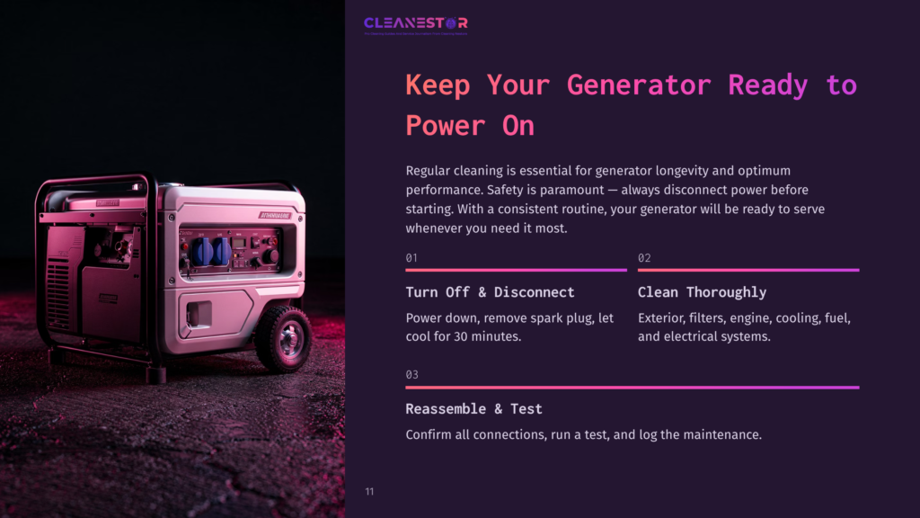 A Portable Generator In White And Purple Hues On A Dark Background, With Cleaning Instructions Displayed Alongside It.