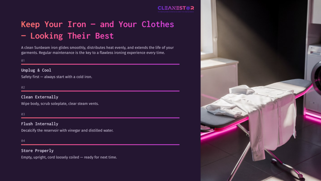 A White Shirt And Towel Lie On An Ironing Board Beside A Sunbeam Iron, With A Dark Background Highlighting Cleaning Instructions.