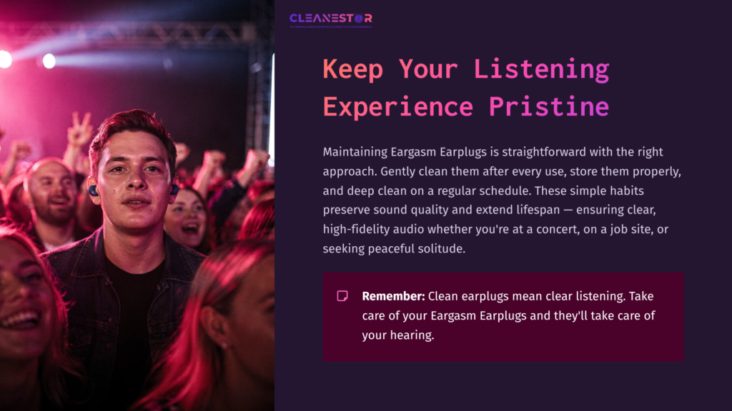 A Vibrant Concert Scene With Enthusiastic Crowd And Clear Stage Lights, Emphasizing Enjoyment And The Importance Of Earplug Maintenance.