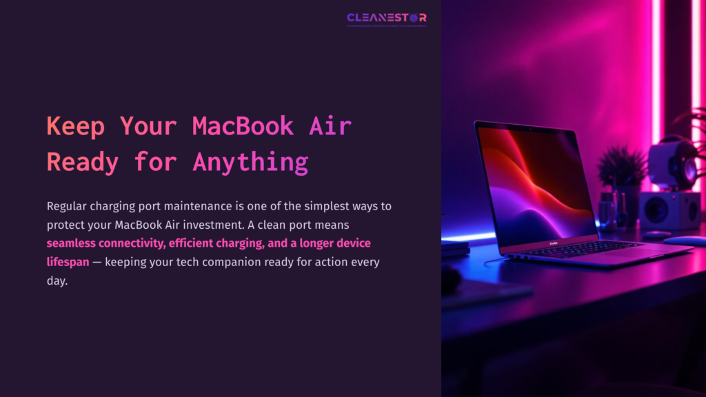 A Macbook Air Sits On A Desk With A Colorful, Illuminated Background, Showcasing A Modern Workspace With A Focus On Tech Maintenance.