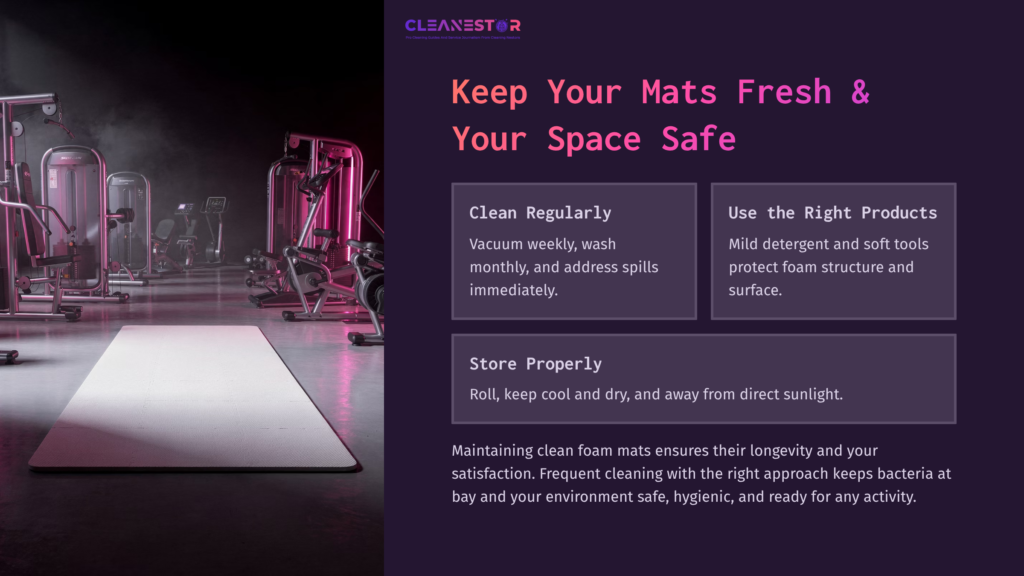 Foam Mat On A Gym Floor With Fitness Equipment In The Background, Highlighted By Pink Lights, Emphasizing Cleanliness And Care Tips.