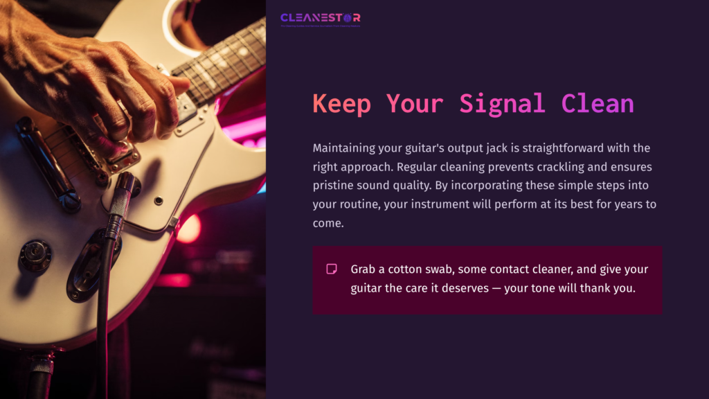 A Close-Up Of A White Electric Guitar With A Clean Output Jack, Set Against A Colorful, Blurred Background Of Purple And Pink Lights.