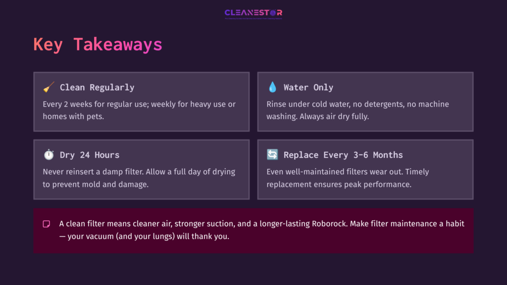 Instructions For Cleaning Roborock Filters, Featuring A Dark Background With Vibrant Text Highlights And Key Takeaways On Maintenance Tips.