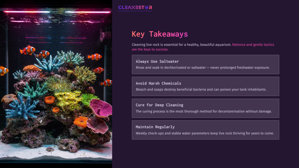 Colorful Coral And Fish Populate A Vibrant Aquarium, Illustrated With Tips For Cleaning Live Rock While Maintaining Aquatic Health.