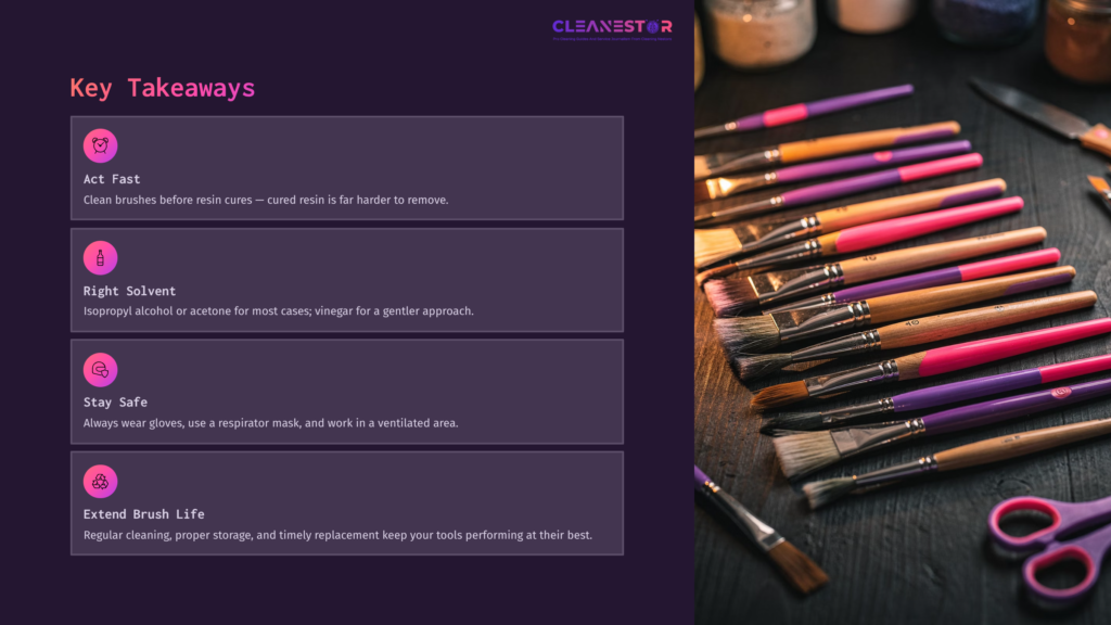 11 Key Takeaways 11 A Selection Of Paintbrushes With Pink Handles On A Dark Surface, Alongside Cleaning Tips For Removing Epoxy Resin.