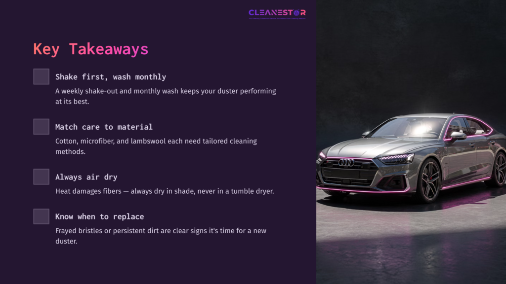 A Sleek Silver Audi Parked Beside A Purple Background, Highlighting Cleaning Tips For Maintaining Car Dusters In Clear Text Boxes.