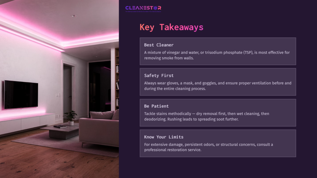 A Modern Living Room With Pink Lighting; A Wall Clean-Up Guide Listing Best Cleaner, Safety Tips, And Patience For Smoke Damage Removal.