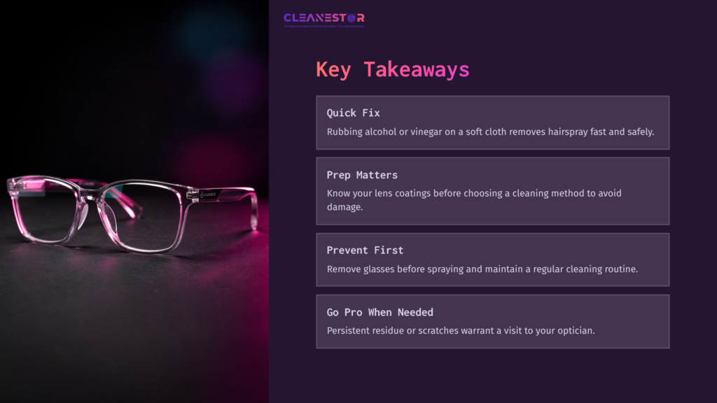 A Pair Of Stylish Glasses With A Pink Frame Sits On A Dark Background, Alongside Key Takeaways For Cleaning Hairspray Off Glasses.