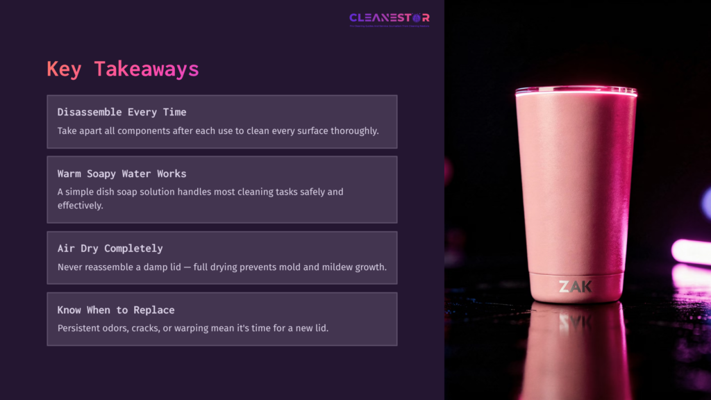 A Pink Zak Contour Lid Stands On A Dark Background, With White Text Outlining Key Cleaning Takeaways On The Left.