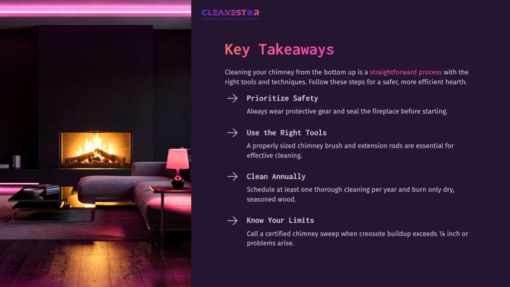 11 Key Takeaways 2 Cozy Living Room With A Fireplace, Pink Lighting, And Modern Furniture. Text Highlights Key Takeaways For Cleaning A Chimney Safely.