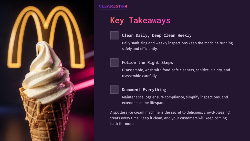 Mcdonald'S Logo Alongside A Soft Serve Ice Cream Cone; A Vibrant Purple Background Highlights Cleaning Tips And Key Takeaways.