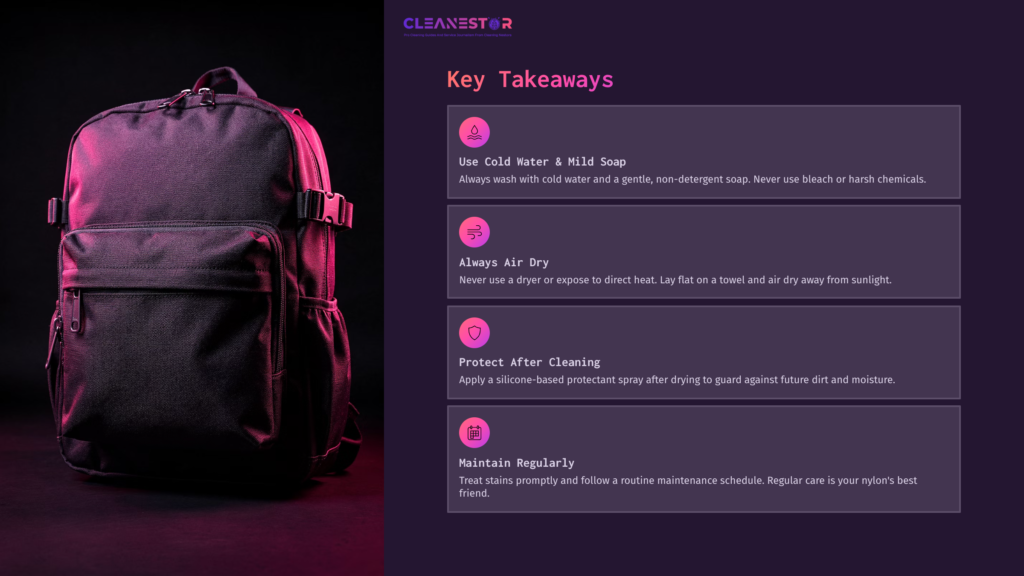 Black Ballistic Nylon Backpack On A Dark Background, With Highlighted Text Blocks On Key Cleaning Tips In A Pink And Purple Color Scheme.