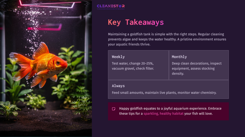 A Goldfish Swims In A Vibrant Tank With Plants, Illuminated By Soft Pink Lighting. Bold Text Outlines Cleaning Tips For Goldfish Care.