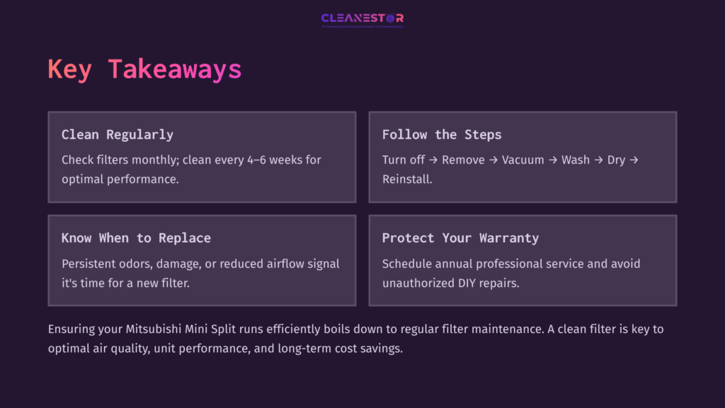 Four Blocks Of Text With A Dark Background, Outlining Key Takeaways For Cleaning A Mitsubishi Mini Split Filter, Using Purple And White Accents.