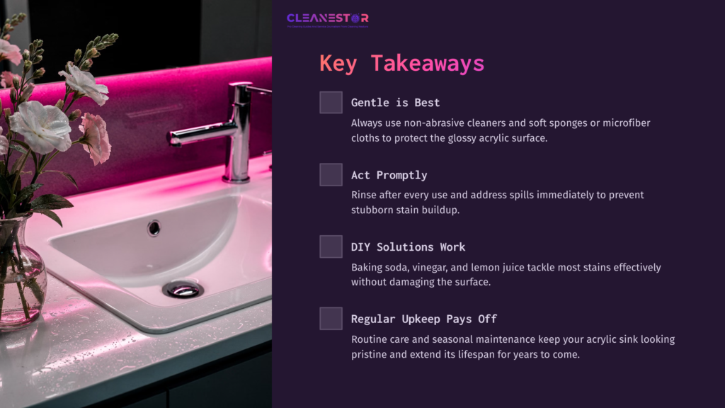 Acrylic Sink With A Glossy Finish, Surrounded By Flowers, Showcasing A Pink Light Background And Key Cleaning Tips Highlighted.