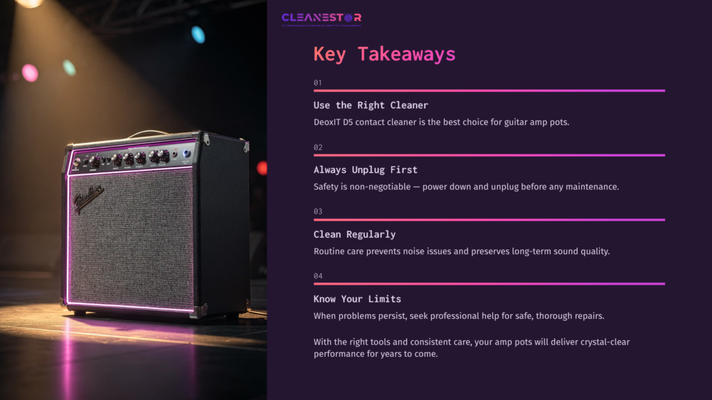 A Guitar Amplifier With A Purple Hue, Surrounded By Key Cleaning Tips For Amp Pots Alongside Numbered Takeaways In White And Pink Text.
