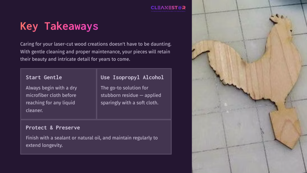 A Wooden Laser-Cut Rooster Rests Against A Dark Background, With Maintenance Tips Displayed In White Text On The Left Side.