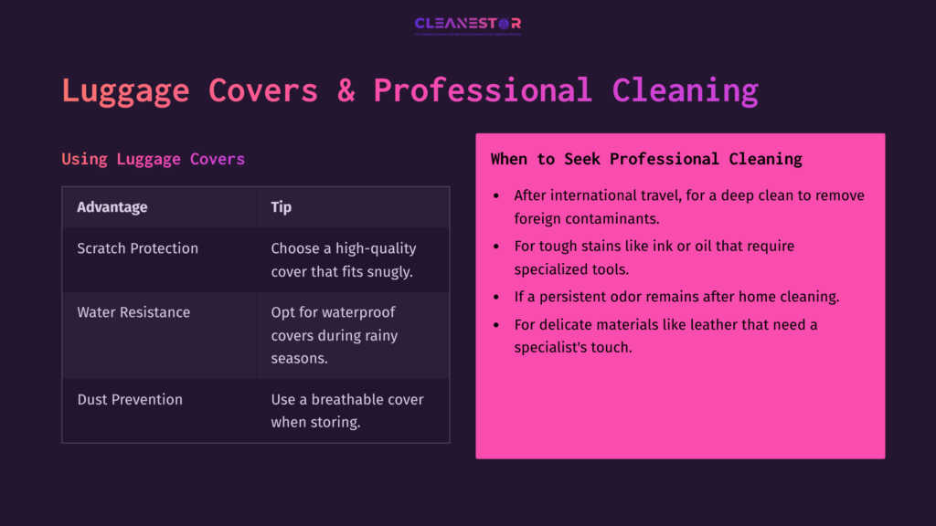 Graphic Featuring Luggage Cover Tips With A Dark Background, Pink Highlight Box For Professional Cleaning Advice, And Contrasting Text.