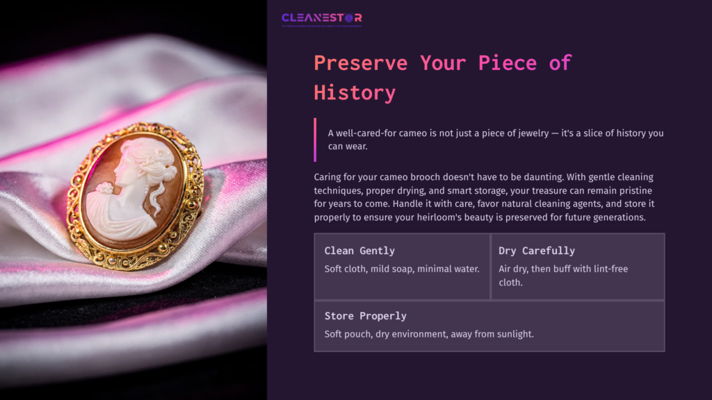 A Beige Cameo Brooch Featuring A Profile Of A Woman On A Soft Pink Satin Background, Accompanied By Cleaning Tips In A Dark Layout.