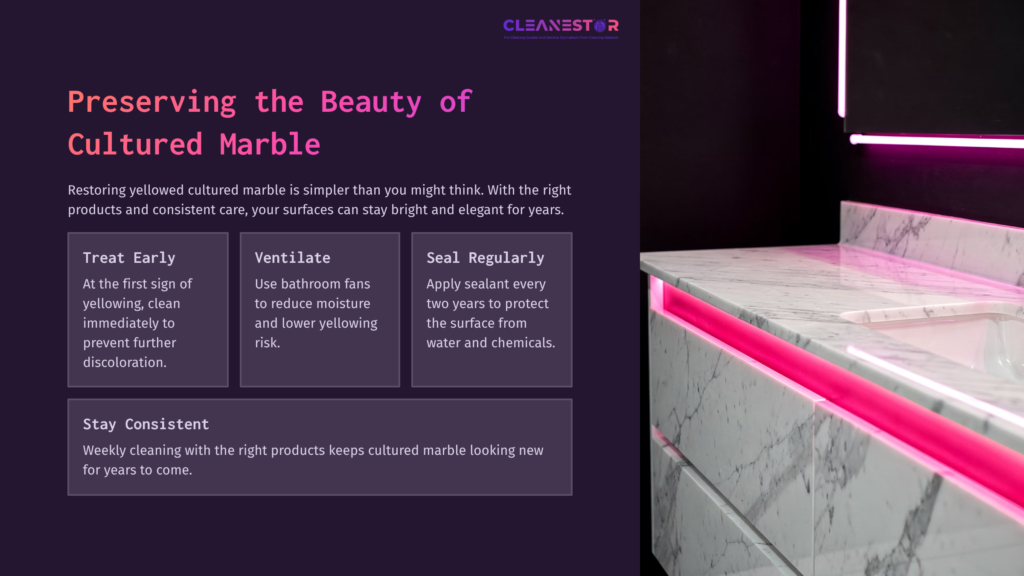Cultured Marble Countertop With A Pink Accent Light, Alongside Text On Preservation Tips For Yellowing Surfaces. Dark Purple Background.