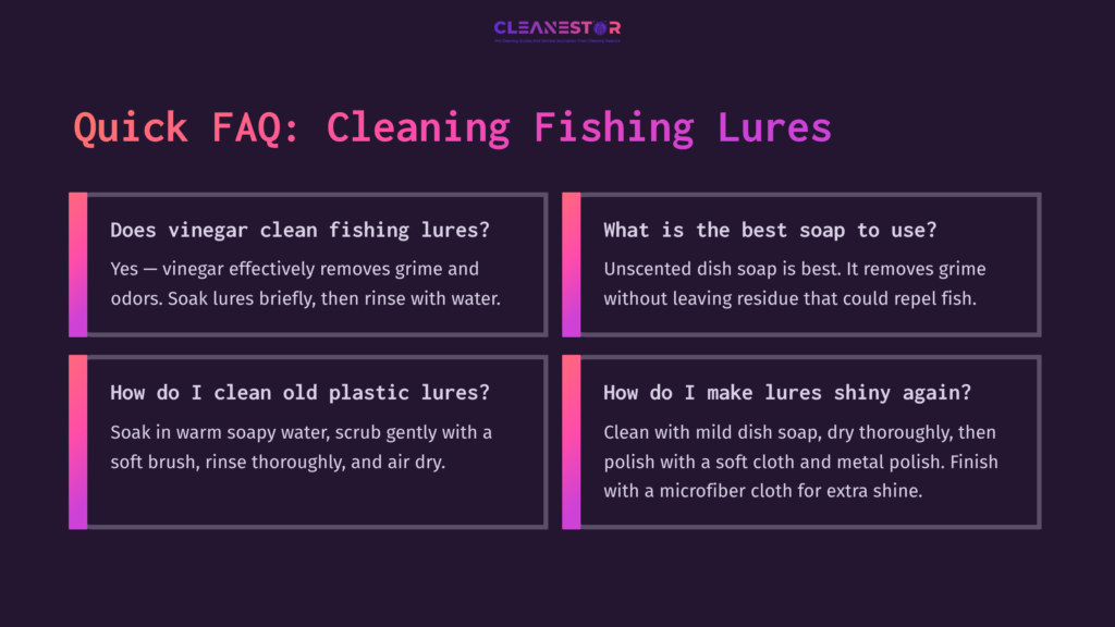 Four Text Boxes With White And Purple Backgrounds On A Dark Background, Displaying Faqs About Cleaning Fishing Lures And Tips For Maintenance.