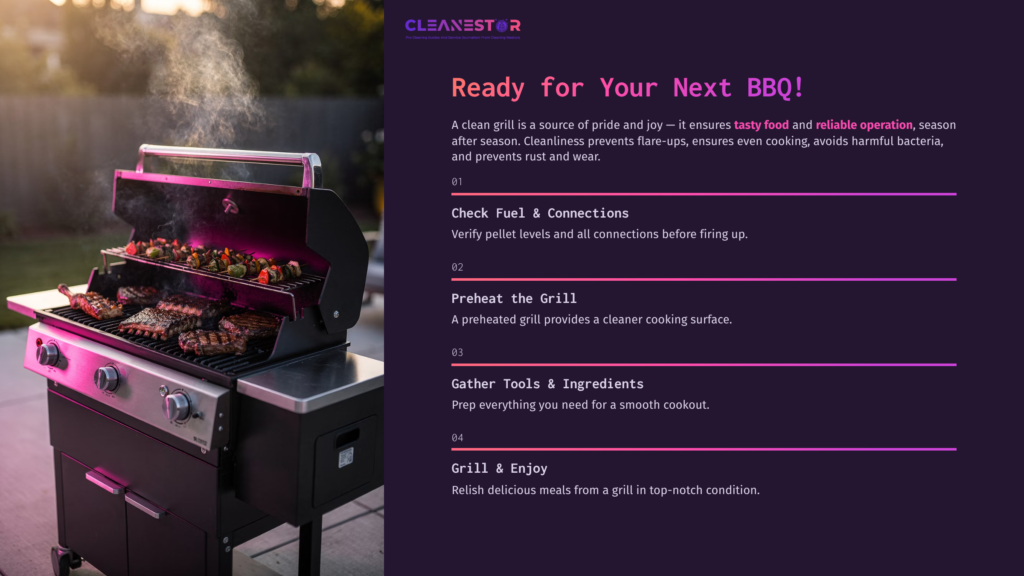 A Clean Gas Grill With Sizzling Meats, Displayed On A Dark Background With Purple Accents, Showcasing Its Important Prepping Process.