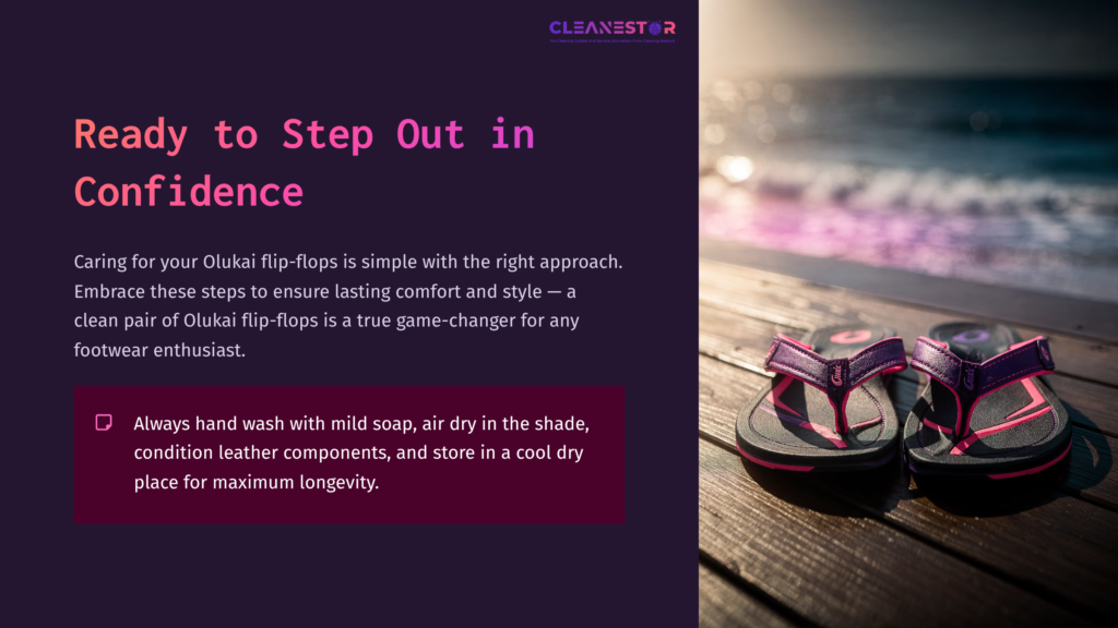 A Pair Of Black And Pink Olukai Flip-Flops Rests On A Textured Surface, Accompanied By Cleaning Care Tips In Bold Text On The Right.