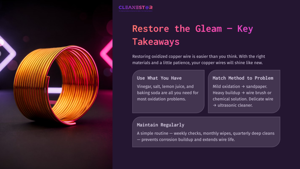 Coiled Oxidized Copper Wire With A Vibrant Orange Hue On A Dark Background, Alongside Text Outlining Cleaning Takeaways And Tips.