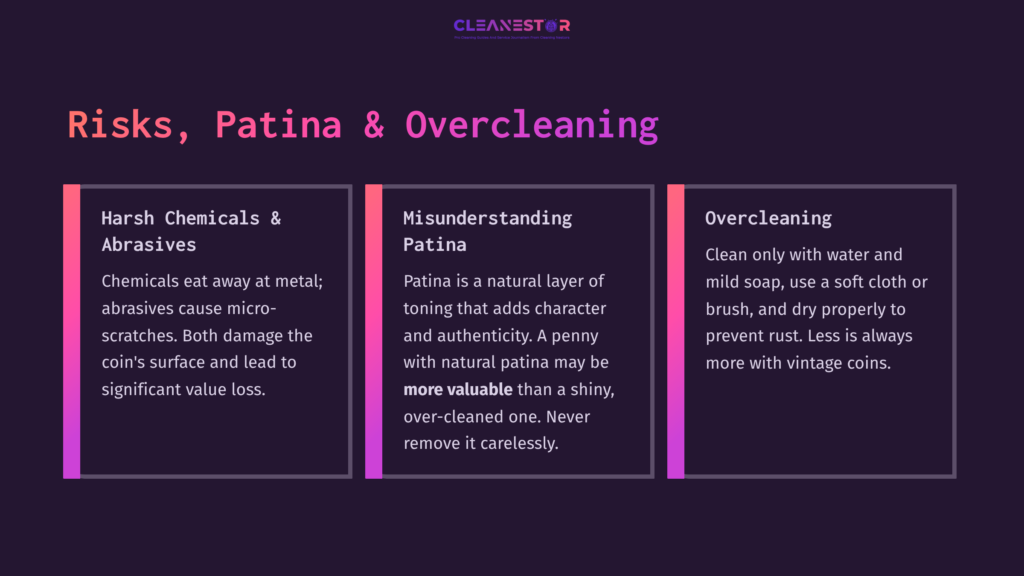 11 Risks Patina And Overcleaning Three Columns Highlight Risks Associated With Cleaning A 1901 Indian Head Penny: Harsh Chemicals, Misunderstanding Patina, And Overcleaning, With Bold Headings And Vibrant Colors.