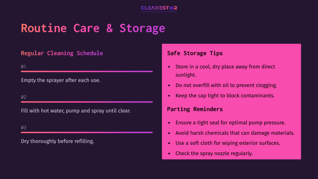 Colorful Layout With Pink And White Text On A Dark Background, Outlining Cleaning Tips For A Sprayer, With Bullet Points For Clarity.