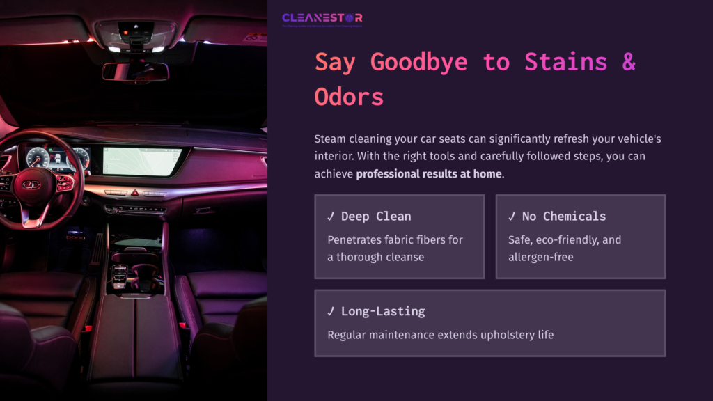 A Modern Car Interior With Illuminated Dashboard And Seats, Featuring Text Boxes Highlighting Benefits Of Steam Cleaning Car Seats.