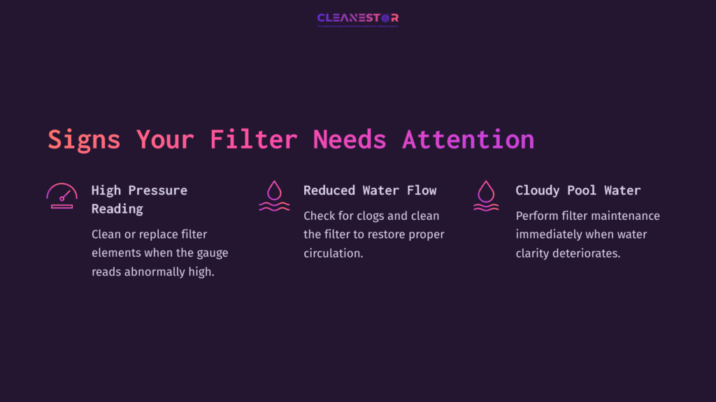 Purple Background With Pink Text Highlighting &Quot;Signs Your Filter Needs Attention&Quot; And Three Icons: A Gauge, Water Flow, And Cloudy Pool Water.