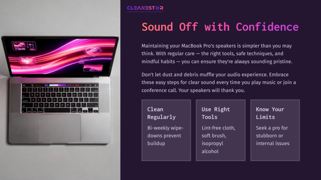 A Silver Macbook Pro On A Dark Purple Background, Displaying A Vibrant Pink And Purple Graphic On The Screen, With Cleaning Tips Nearby.